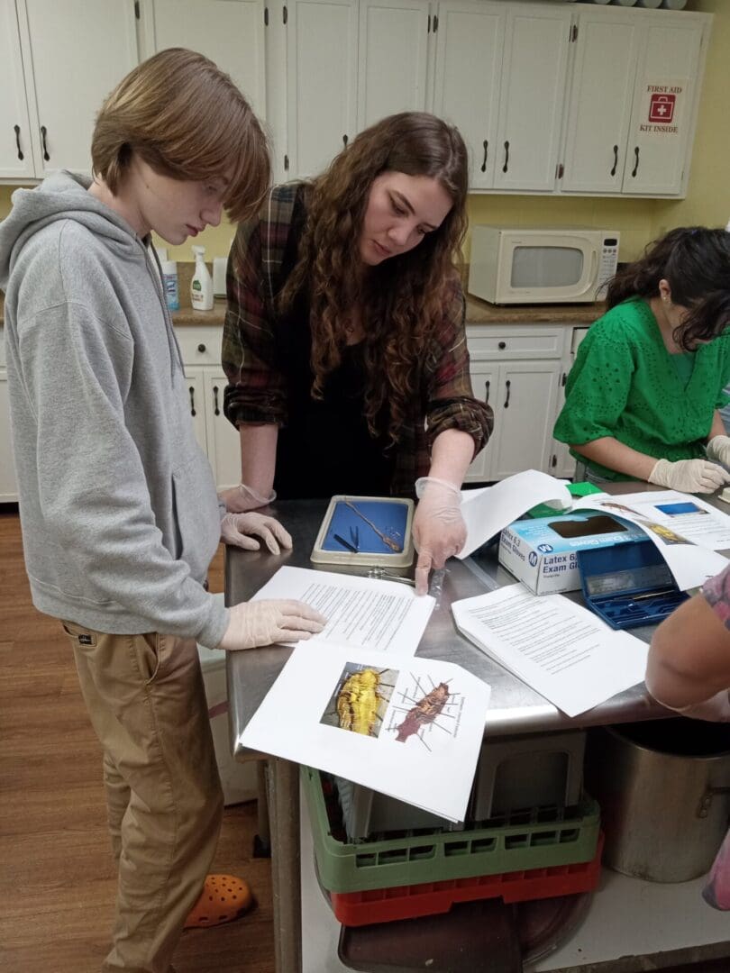 A woman and two boys are working on some books.