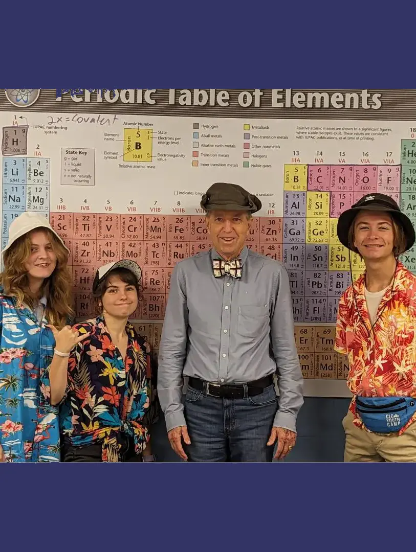 A group of people standing in front of a periodic table.